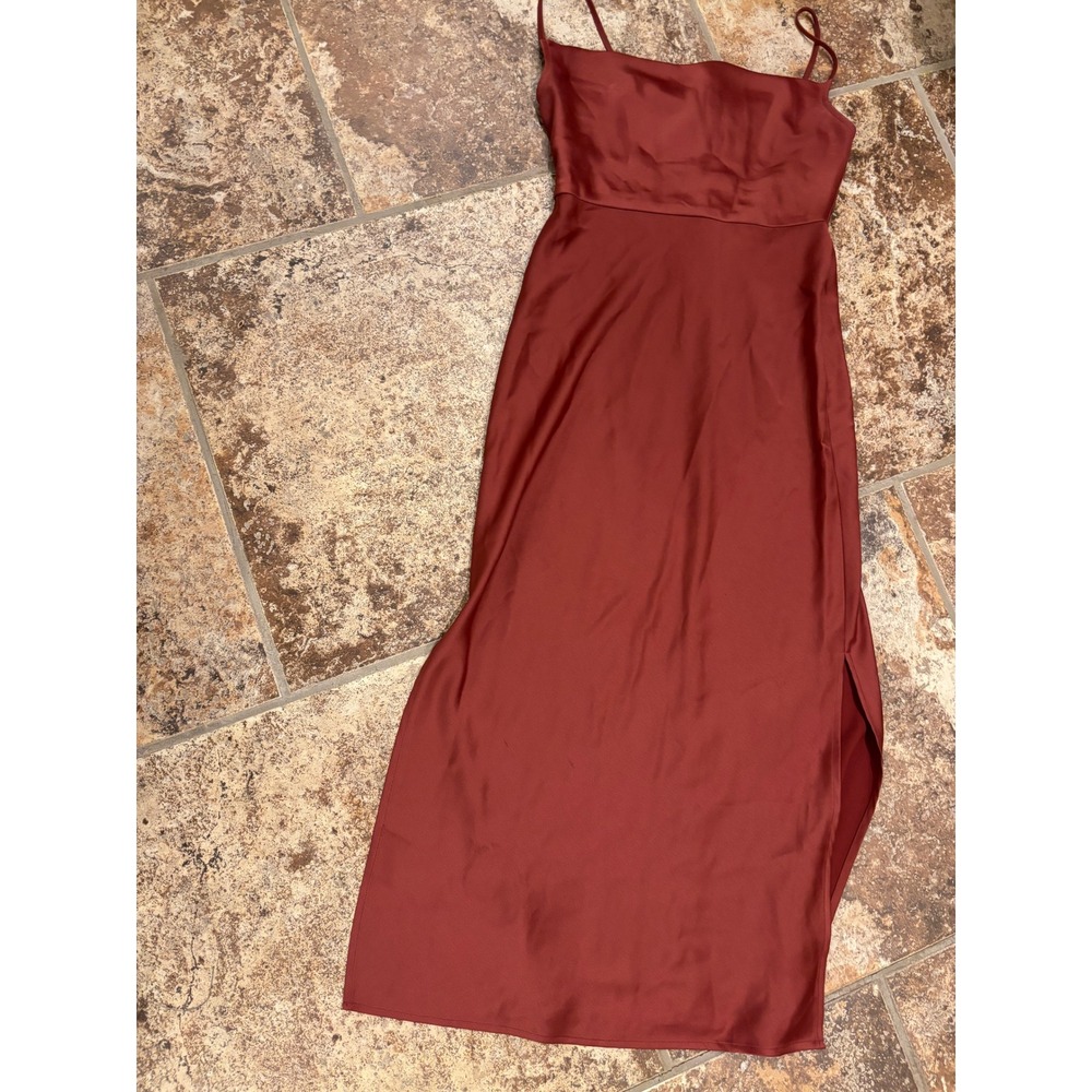 BHLDN Midi Dress Womens 6 Rust Satin Square Neck Spaghetti Strap Side Slit